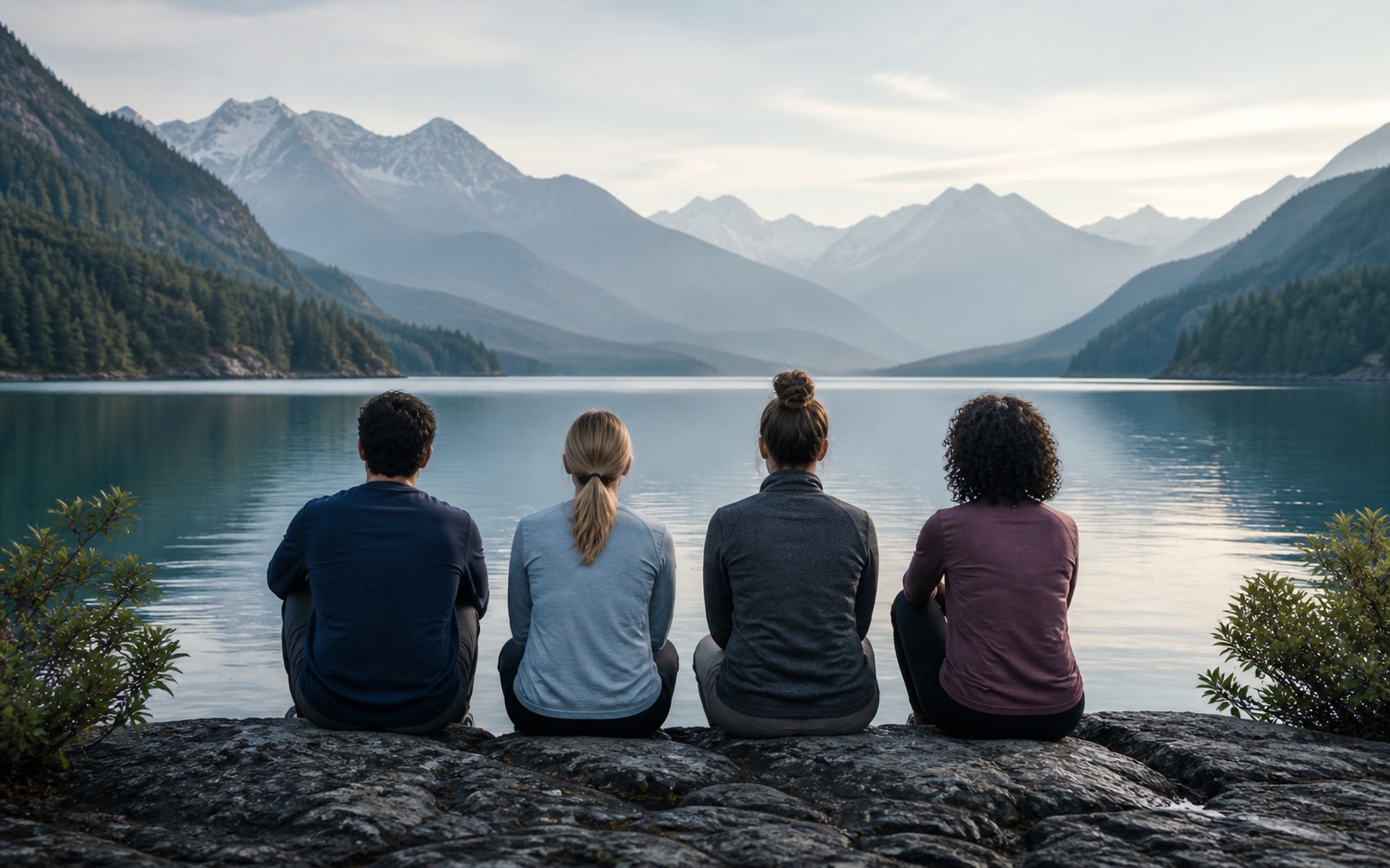 Four people sitting together beside a calm mountain lake