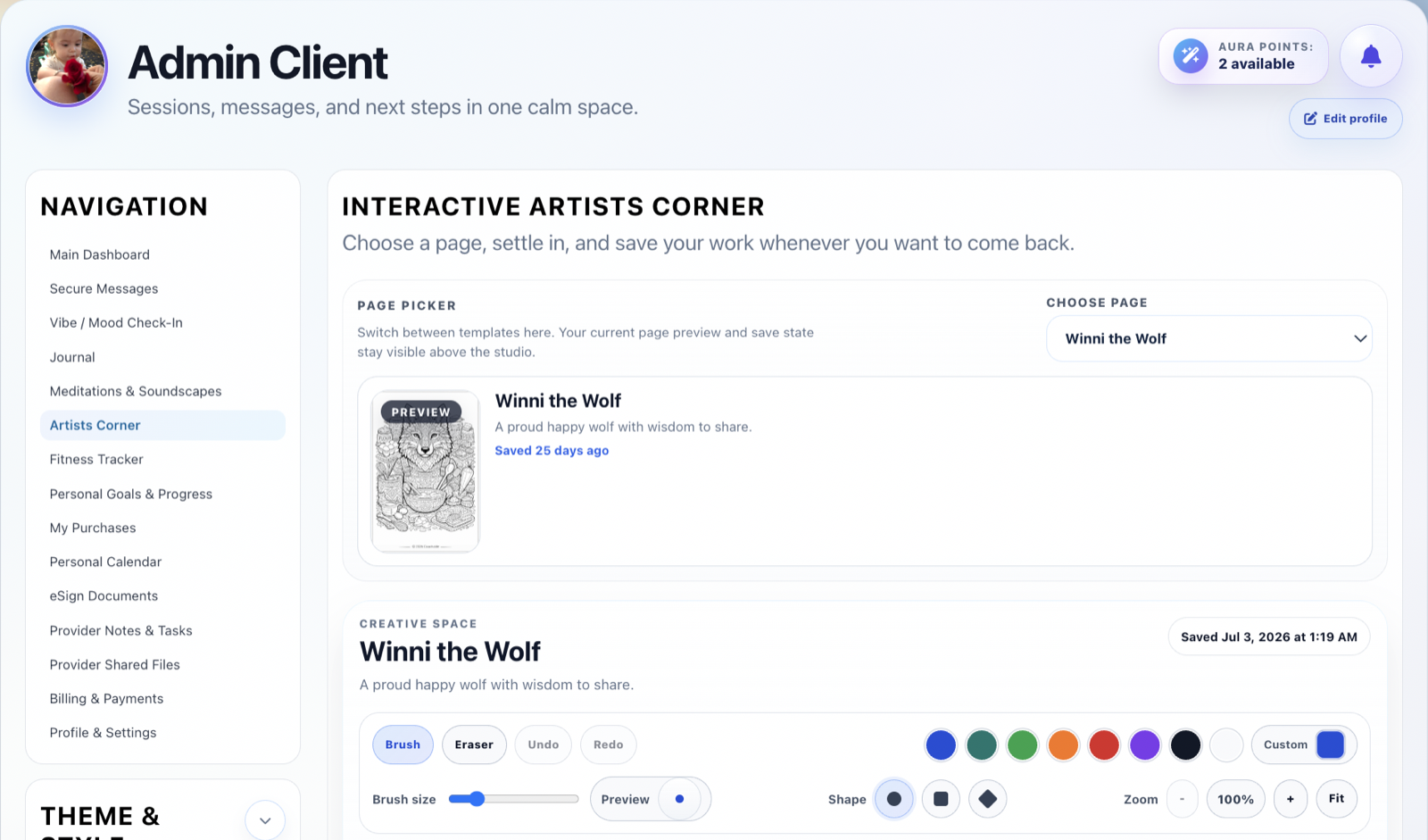 Coachable interactive Artists Corner with creative pages, drawing tools, colors, and saved work.