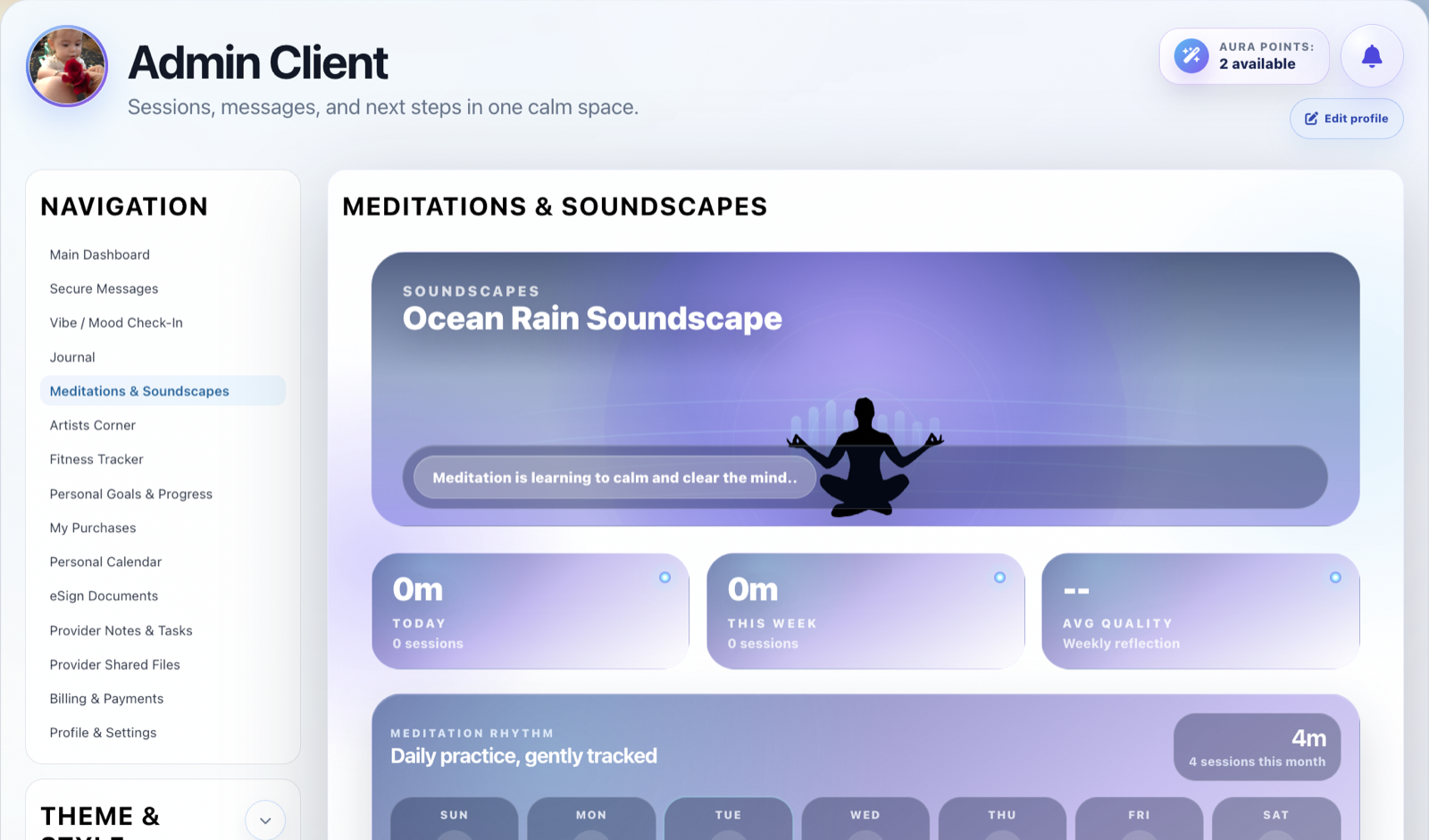 Coachable meditations and soundscapes workspace with practice statistics and rhythm tracking.