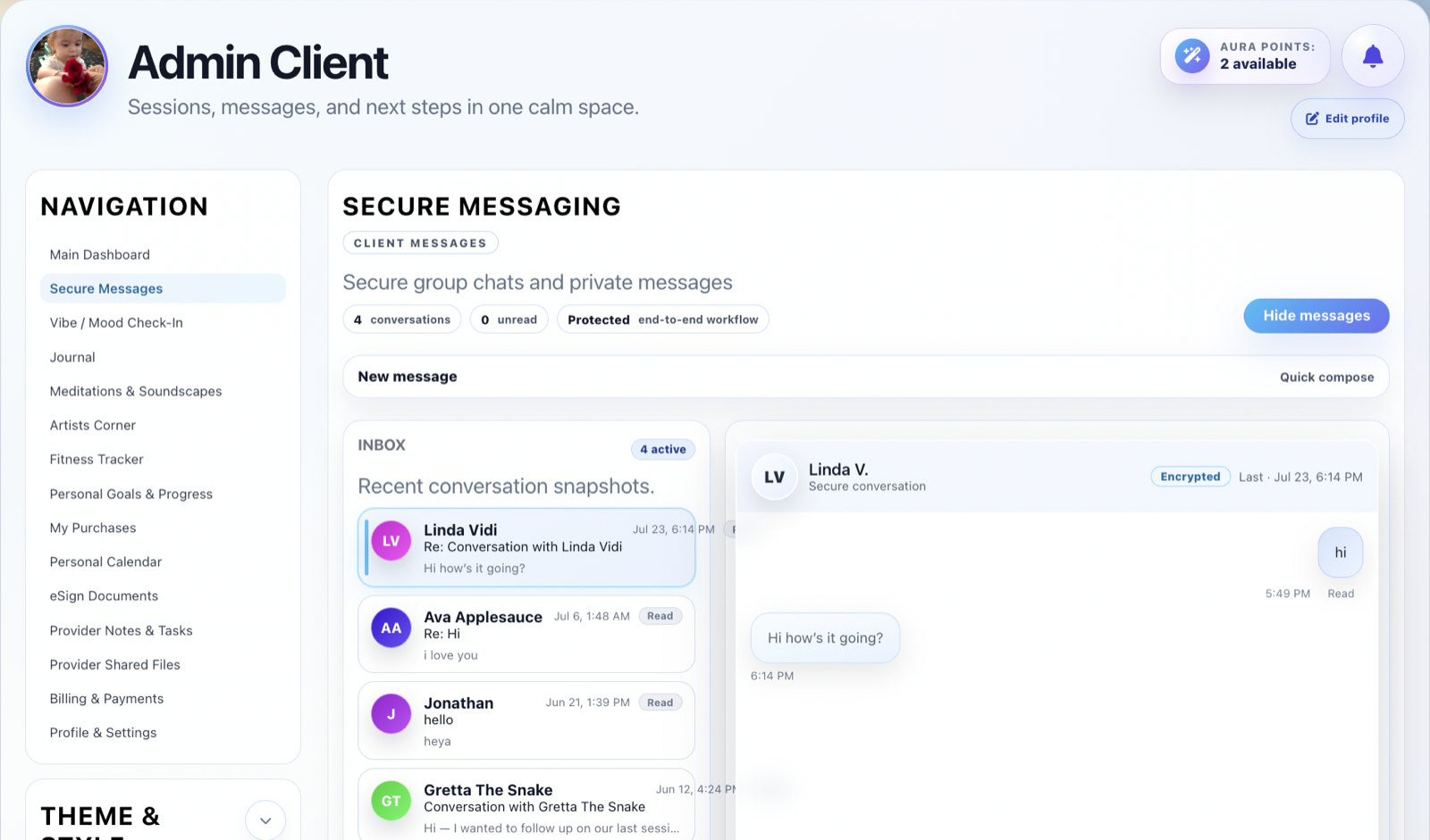 Coachable secure client messaging workspace with encrypted conversations and private messages.