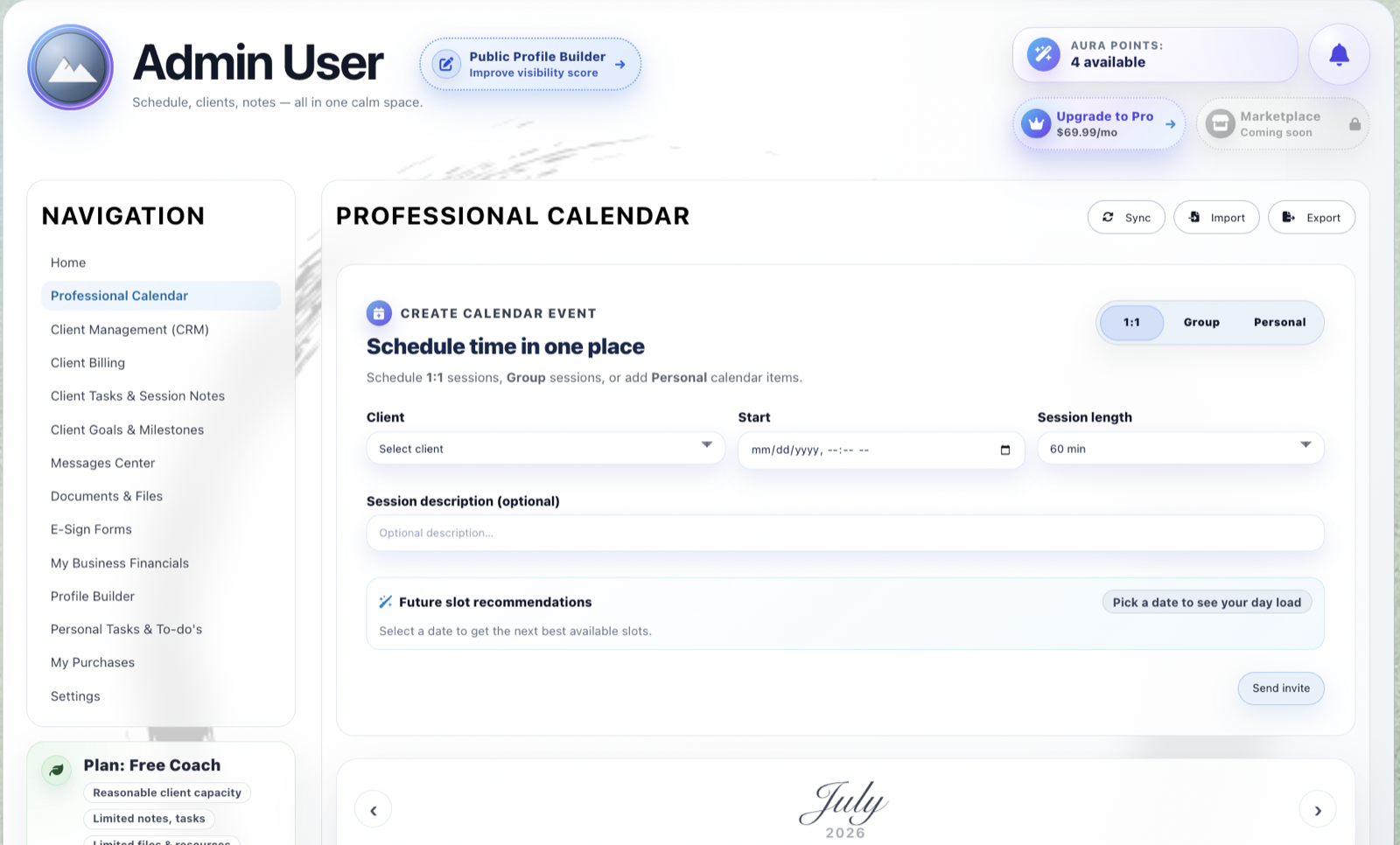 Coachable professional calendar for scheduling client, group, and personal sessions.