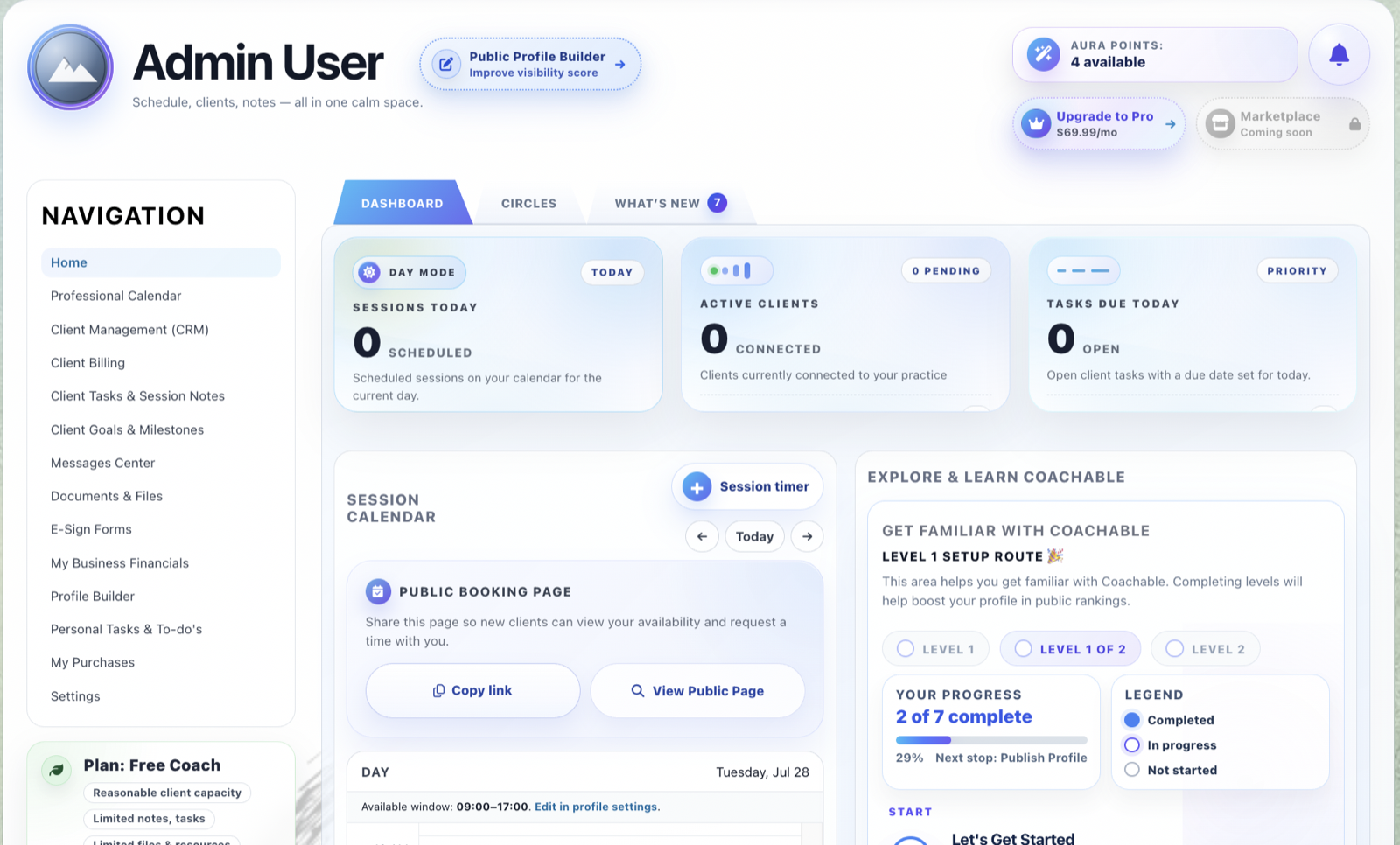 Coachable provider dashboard with daily sessions, active clients, tasks, calendar, and setup progress.