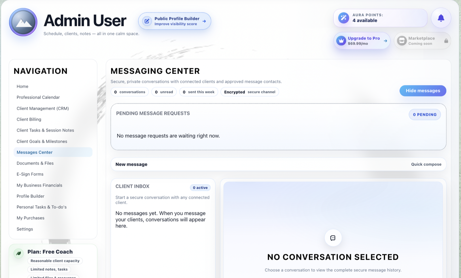Coachable secure provider messaging center and client inbox.