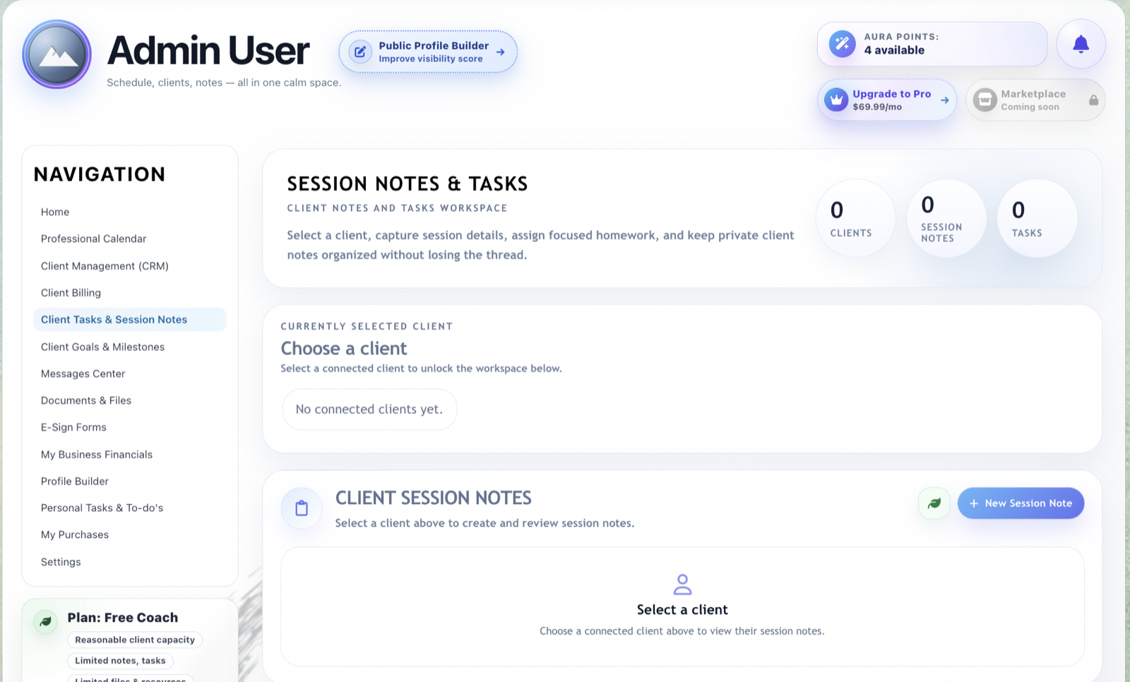 Coachable session notes and tasks workspace for organized client follow-through.